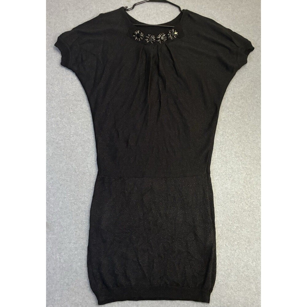 Women’s Black Knit Dress Beaded Neckline Cap Sleeve Mini Sweater Dress